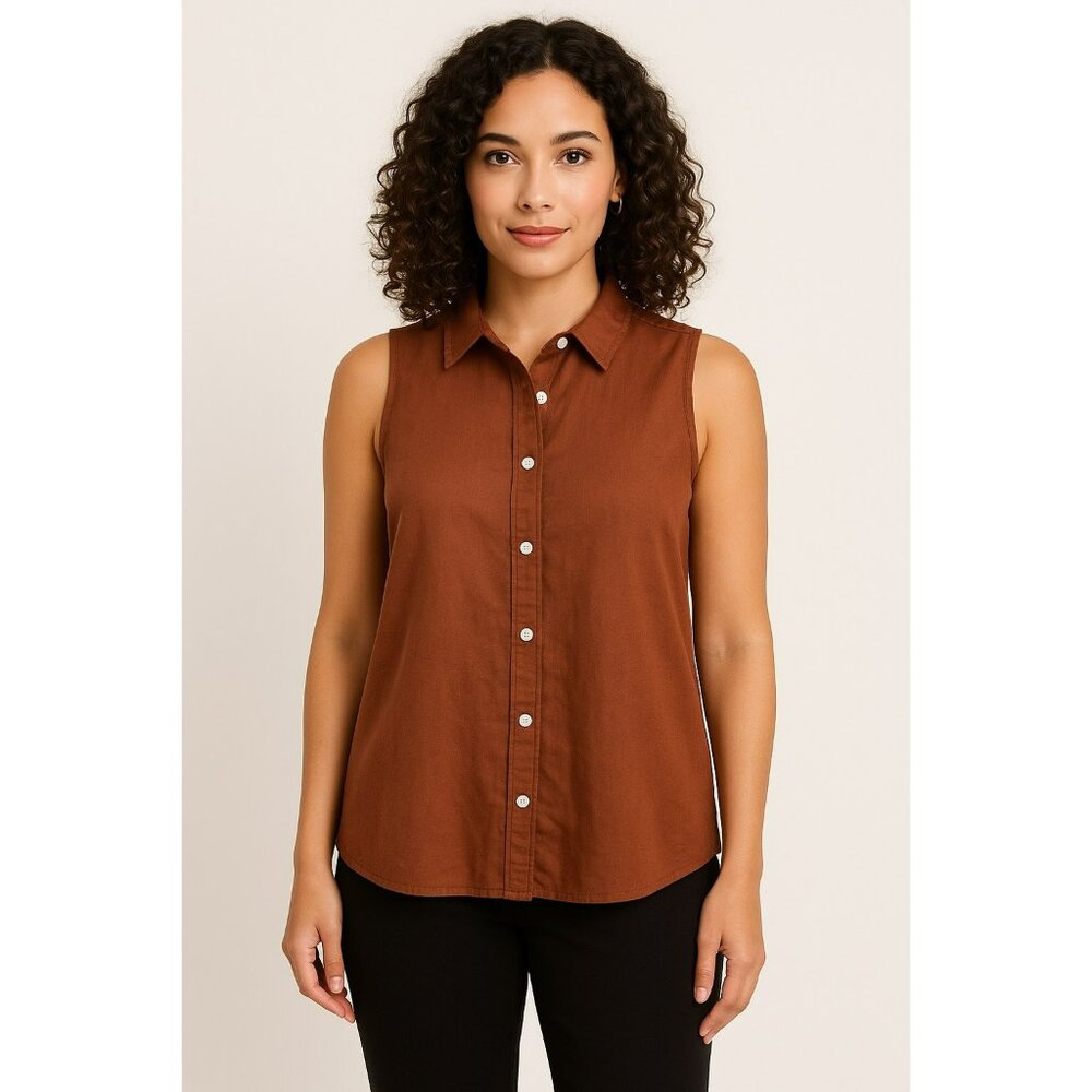 Gap Womens Medium Sleeveless Linen Blend Button Down Shirt Warm Brown